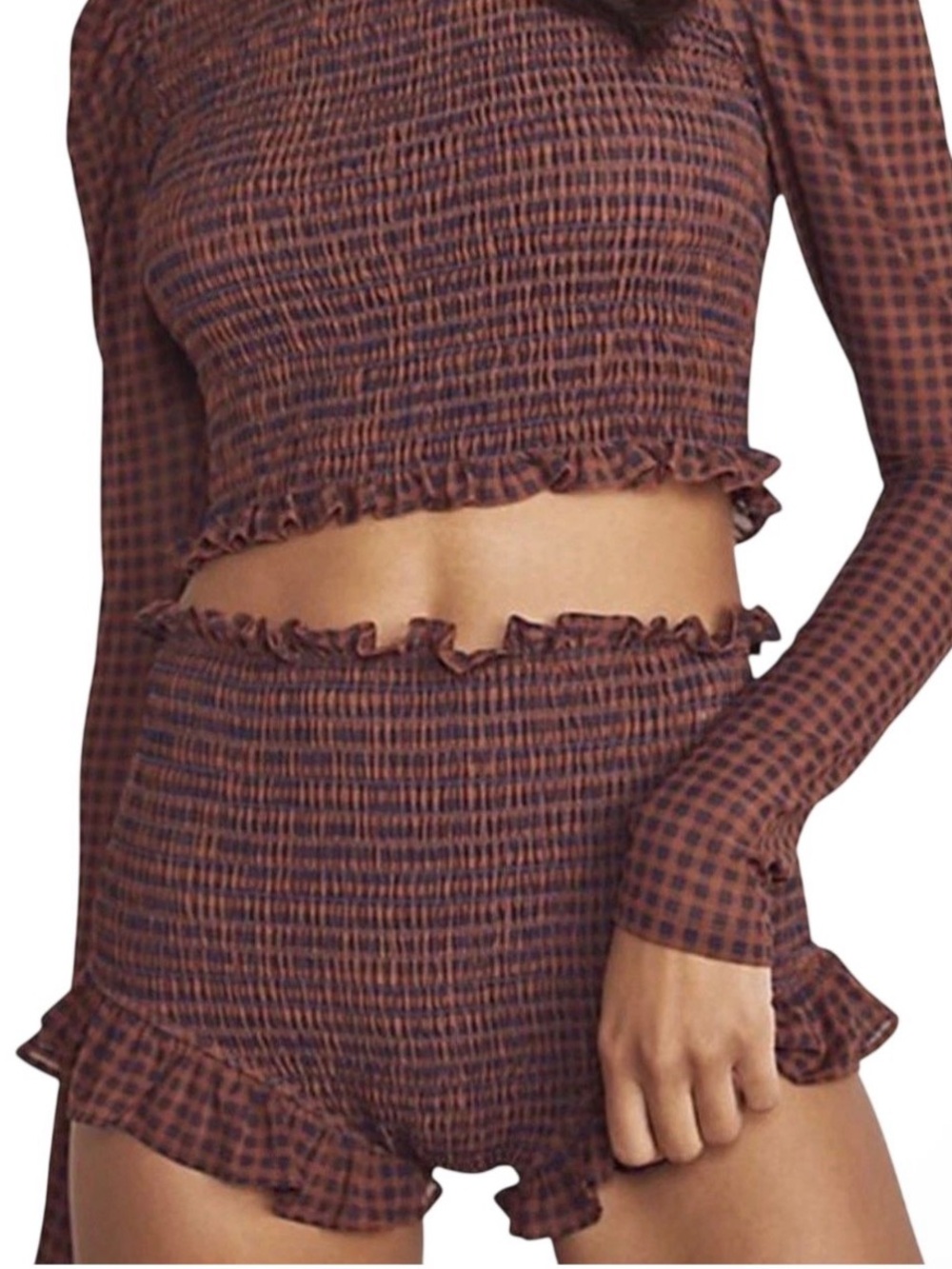 FREE PEOPLE All Prepped Gingham Smocked Ruffle Mini Shorts Rust Check Medium